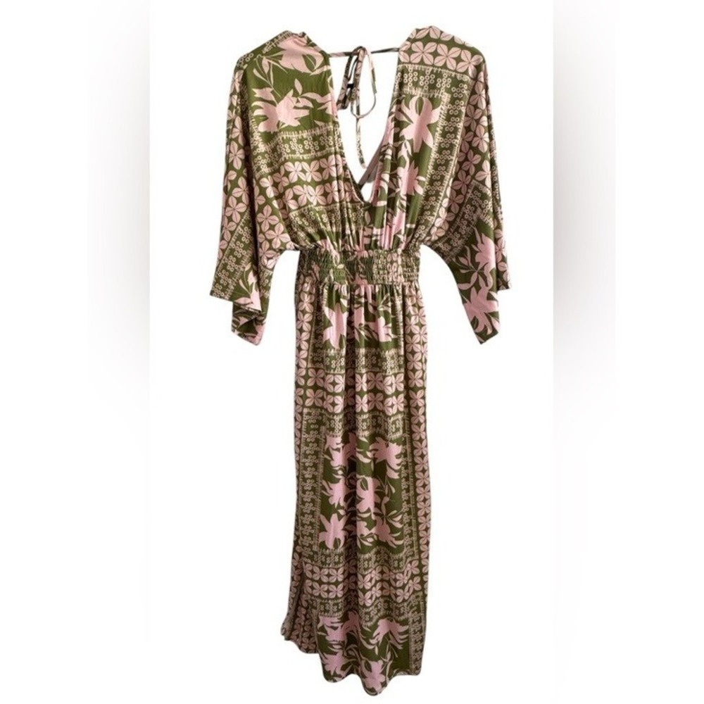 Unbranded Green & Pink Floral Boho Tropical Maxi Dress Kimono Sleeve Size Small - Picture 6 of 13